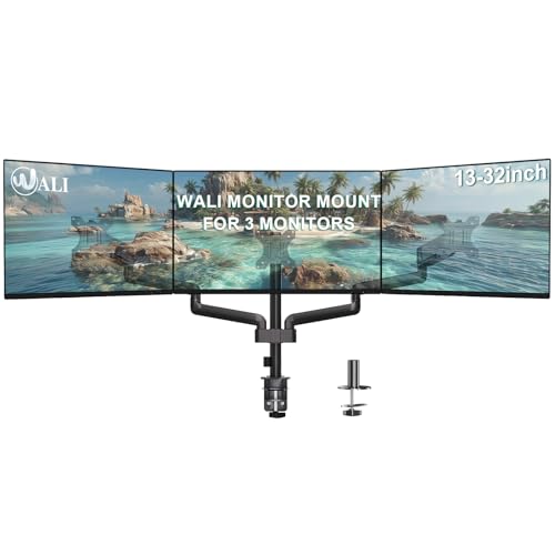 Image of WALI Triple Monitor Mount for 13-32 inch Screens, Adjustable 3 Monitors Desk Mount with Swivel, Tilt, Clamp & Grommet Kit, Triple Monitor Stand for Desk, VESA 75x75 /100x100mm (GSDM003), Black