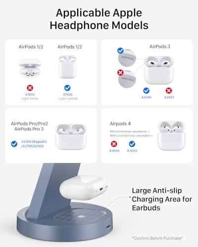 Image of Anlzm 3 in 1 Charging Station for iPhone, Wireless Charger for iPhone 17 16e 16 15 14 13 12 11 X Pro Max & Apple Watch - Charging Stand Dock for AirPods (Blue)