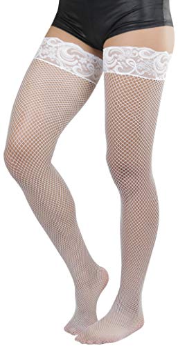 Image of ToBeInStyle Women's Wide Floral Lace Fishnet Thigh Hi Stockings
