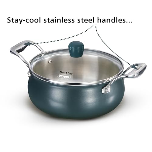 Image of Hawkins 3 Litre Triply Stainless Steel Olive Handi | Induction & Gas Compatible | Easy-Clean Ceramic Exterior | with Glass Lid | Green (POSH30G)