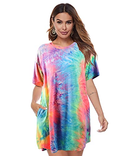 Image of MOUSYA Women Tie Dye Dress Short Sleeve T Shirt Dress Summer Casual Loose Mini Dress with Pockets