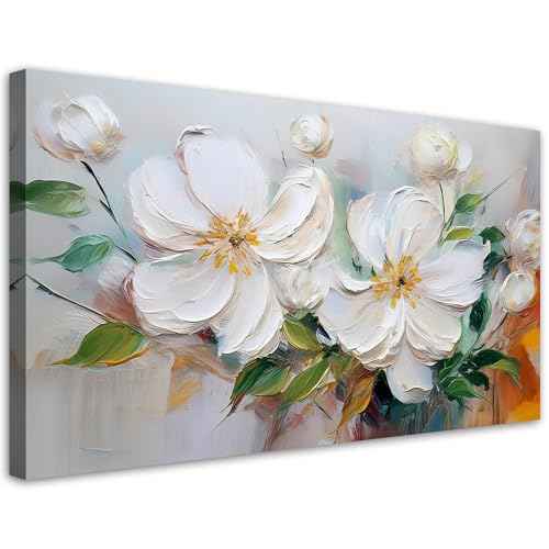 Feeby - Impression sur Toile - Tableau Decoration Murale - Fleurs blanches matelassées comme peintes - 80x40 1partie - Salon Peinture Tableaux - Moderne...