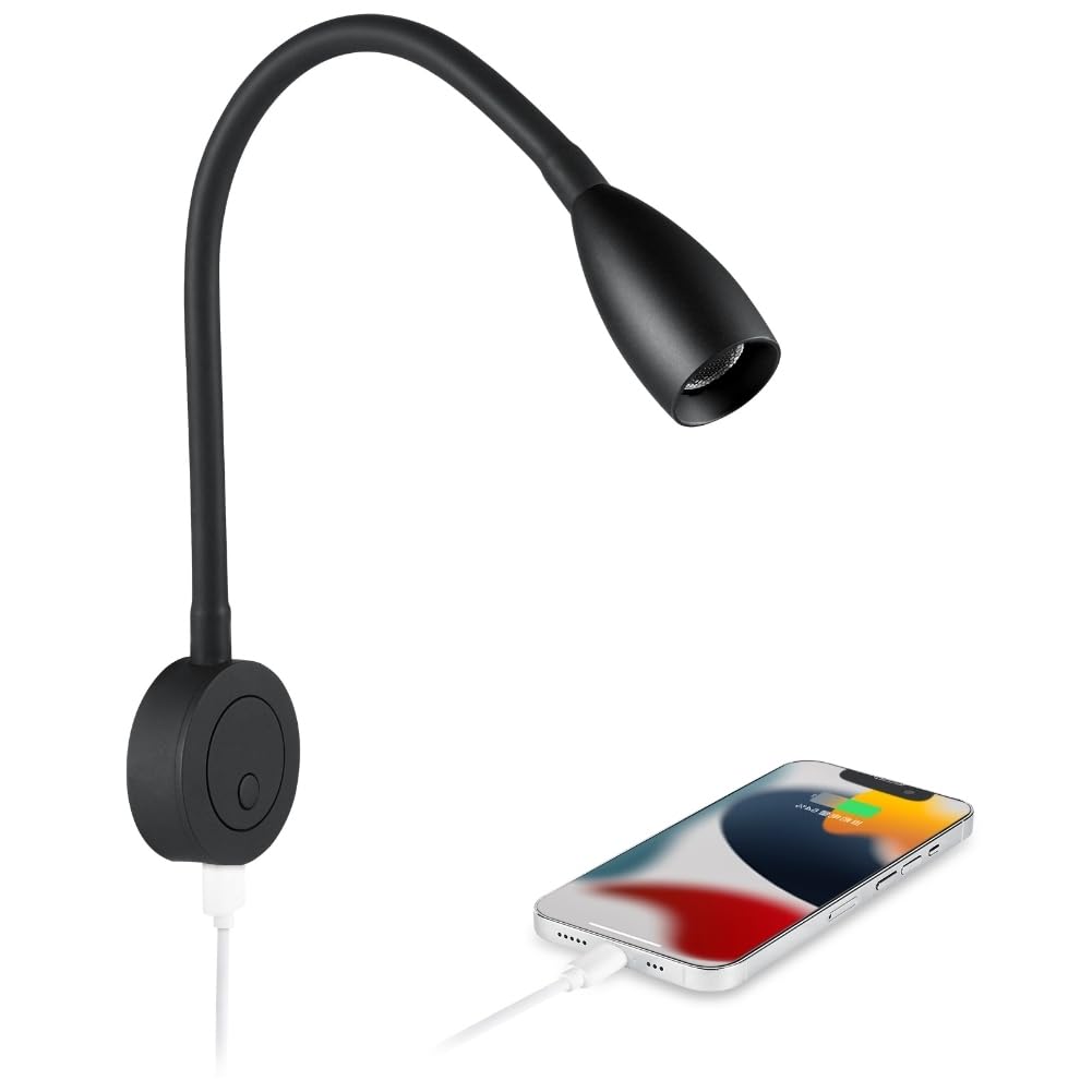 Lampe de Lecture DC 12V LED Flexible Col de Cygne Luminosité Réglable Applique Murale 3200K pour Camping-car Bateau Caravane Voiture Van Chevet, avec Chargeur USB & Variateur Interrupteur