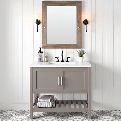 Image of Alaterre Furniture Bennet Bathroom Vanity Cabinet with Soft-Close Shaker Doors and Open Shelf - 36-Inch Freestanding Wood Vanity Without Sink - Single Sink Base (Gray)