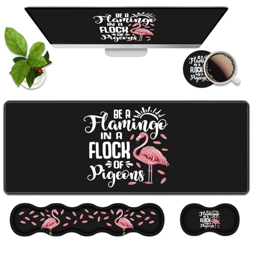 Ergonomic Memory Foam Mouse Pad Wrist Rest Set, Be a Flamingo in a Flock Pigeons Inspirational Quote Large Desk Pad + Keyboard Wrist Rest + Mouse Wrist Cushion + Coaster for Home Office Study Gaming