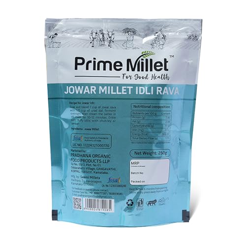 Image of Prime Millet For Good Health Organic Jowar Idli Rava | Premium Sorghum Millet Idli Mix | High Fiber Superfood | Gluten Free Healthy Breakfast Ingredient | Supports Healthy Digestion | Natural Unpolished Jowar Rava | Ancient Grain Nutrition (250g)