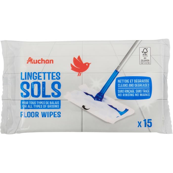 AUCHAN Lingettes nettoyantes sols pour balais 15 lingettes
