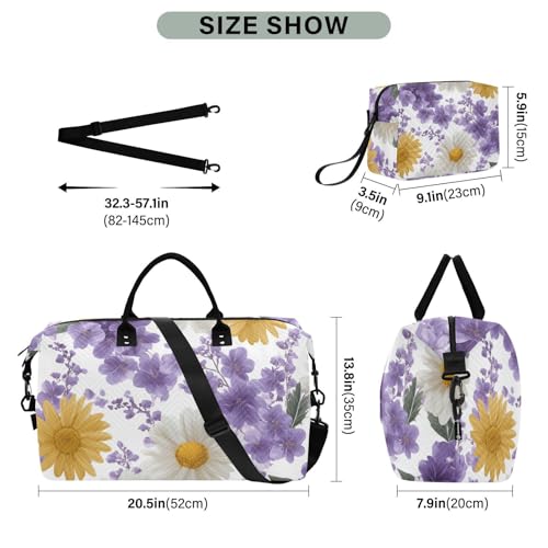 White Daisies and Purple Flowers Travel Duffle Bag, Large Weekender Overnight Bags for Women Men Waterproof Carry on Shoulder Tote Bags for Hospital Maternity Mommy Gym with Toiletry Bag3