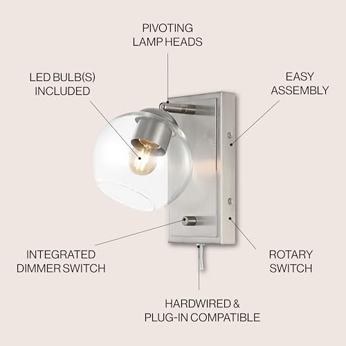 Image of JONATHAN Y 6 inch Nickel 1-Light with Clear Globe Modern Wall Sconce, Plug-in or Hardwired LED Adjustable Wall Light with Dimmer Switch, Clear Glass Globe Shade, Mid-Century Lamp (JYL7567B)
