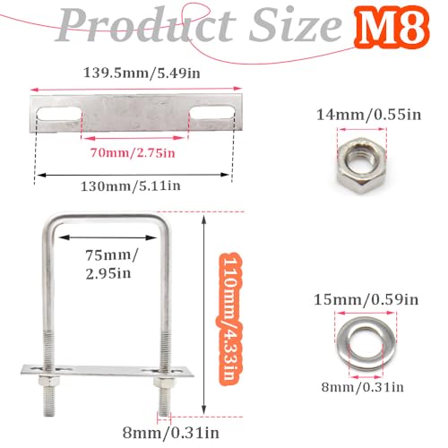 CEEYSEE 4 Satz U Schrauben M8 75 x 110mm U Bügel 304 Edelstahl U Bügelschraube für Befestigung von Rohren, Fahrzeugen, Schiffen, Brücken,Tunneln (U/M8-75x110mm)