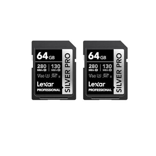 Lexar Silver PRO SD Karte 2x64GB, UHS-II SD Speicherkarte, V60, U3, C10, bis zu 280MB/s Lesen, 130MB/s Schreiben, SDXC-Karte für DSLR/Kamera/Fotografen/Videofilmer/Enthusiasten (LSDSIPR064G-B2NAA)