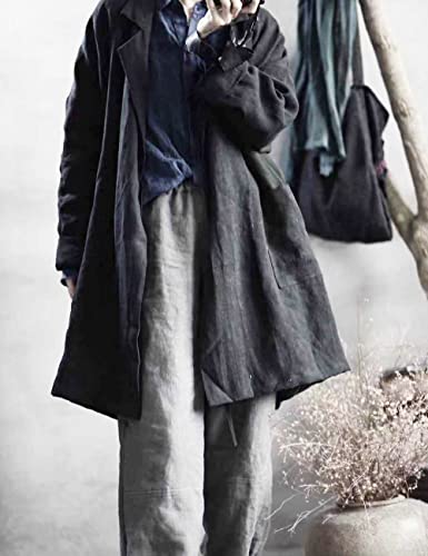 NFYM Women's Casual Linen Jacket Mid Length Lapel Blazer Open Front Long Sleeve Cardigan Black Trench Coat4