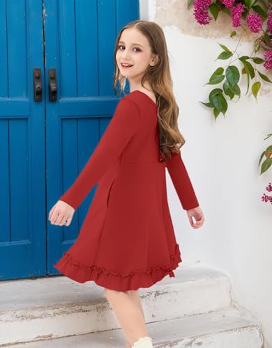 JiAmy Girls Dresses Fall Long Sleeve A Line Twirly Skater Ruffle Loose Casual Dress with Pocket4