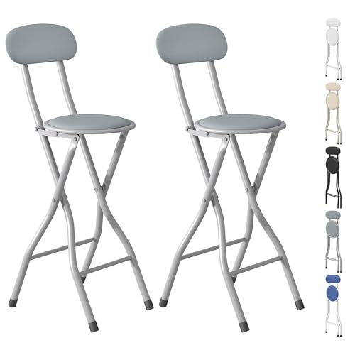 mcc direct Folding Bar Stools Set of 2 Breakfast Barstool Kitchen Restaurant Seating Faux Leather Foldable Chairs with Metal Frame Padded High Chairs(Gray)