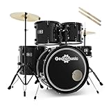 Gear4music BDK-1 Kit de Batería Compacta Completa para Principiantes - Batería Acústica de 5 Piezas, Platillos, Pedal de Bombo, Sillín y Baquetas - Negro