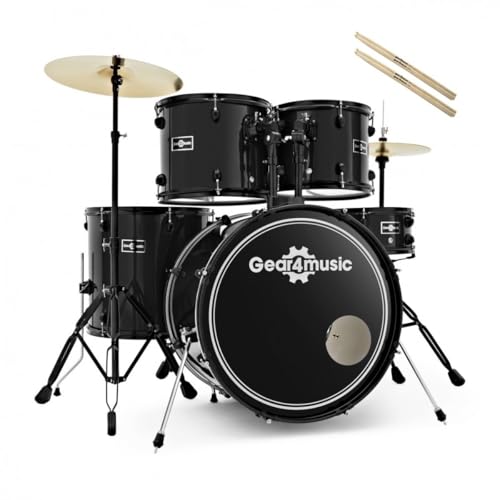 Gear4music Kit di Batteria Acustica Completa BDK1 Nero con Bacchette