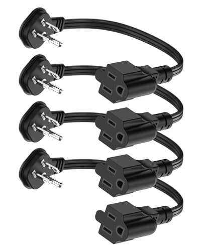 Flat Plug 1Ft Short Extension Cord 90-Degree Plug Low Profile Power Adapter 3-Prong Indoor Grounded Small Extension Cord Black 16AWG 13A 1625W 4 Pack