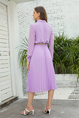 Image of Business Casual Shirt Dress for Women Long Sleeves Pleated Midi Dresses with Belt