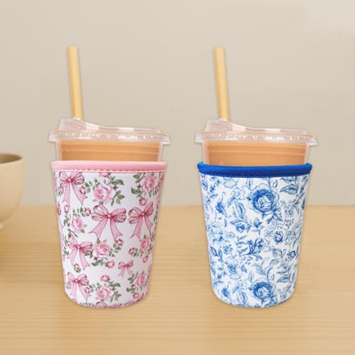 Image of Reusable Insulated Neoprene Iced Coffee Cup Sleeve, Durable Drink Sleeve for Cold Beverages, Beverage Holder for Iced Coffee, Vintage Blossoms