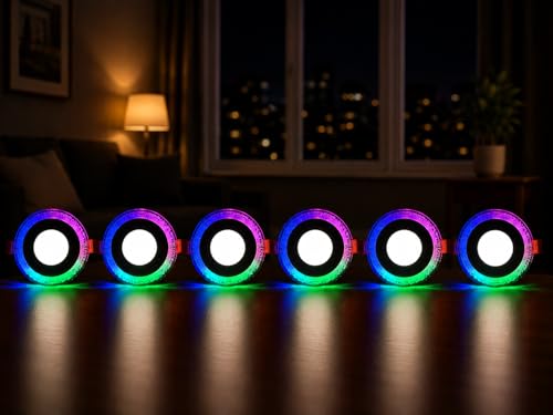 Image of OLIPS 6W (3+3) LED Ceiling Panel Down Light | Dual Color Change by On /Off Switch | Fan Box POP Decorative LED | White Center & Color Ring Design (Multicolor, 6)