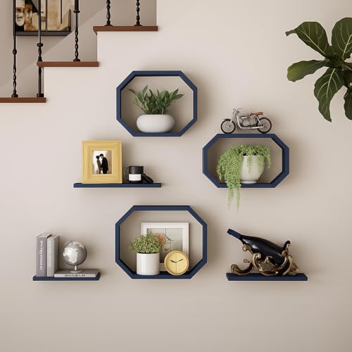 Image of Wall Mounted Floating Shelves Set of 6, Multipurpose Display, Book, Storage & Decor Shelves, Octagon Shape Wooden Wall Shelf for Living Room, Bedroom, Kitchen (Navy)