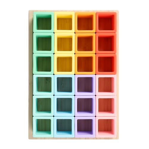 Image of BLUE GINKGO Silicone Rainbow Blocks – [24 PC] Giftable Soft Blocks for Kids, BPA-Free Montessori Stacking Toy with Sorting Tray (Pastel)