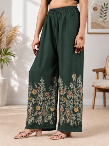Image of Women's Rayon Bird Flower Print Loose fit Palazzos Pants Free Size 28 to 40