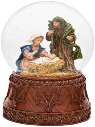 Christmas Nativity 120MM Musical Snow Globe Glitterdome with Carved Wood Base - Plays Tune O'Holy Night