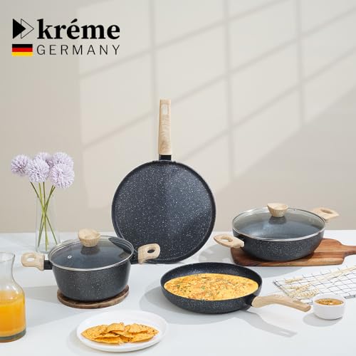 Image of Kreme Venetia Premium Series Granite Non-Stick 6 Pc Cookware Set | Kadai with Lid, Frypan, Dosa Tawa and Sauce Pot | Granite Coating | Induction & Gas Stove Use | Healthy Low-Oil Cooking, Grey