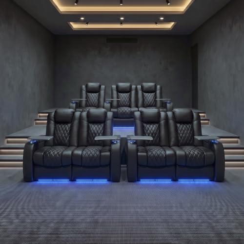 Image of Weilianda Home Theater Seating, Top Grain Leather Movie Theater Chair | Black Row of 4 Loveseat Middle, Zero Gravity, Power Headrest, Tray Table, Electric Reclining Seat for Media Room