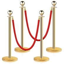 Stainless Steel Stanchion Post Queue 5 ft Red Velvet Rope Red Carpet Ropes and Poles Crowd Control Barriers Sand Injection Hollow Base and Velvet Ropes Set for Party Supplies 4 Pieces, Gold