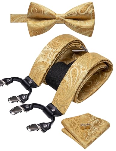 Image of YOHOWA Men Suspenders 6 Clips Strength Adjustable Y Braces Pre-Tied Bow Tie Set Formal Wedding Party
