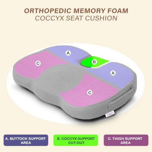 Image of Orthopedic Memory Foam Coccyx Seat Cushion for Tailbone Pain Relief | Hip & Back Support | Sciatica & Piles Relief | Non-Slip Bottom | Office /Home Chair & Car | Grey Mesh Cover | 2 Year Warranty