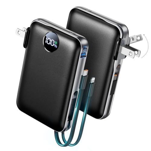 Portable Charger 10000mAh with Built-in Cables and AC Wall...