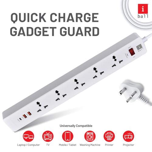 Image of iBall GUARD-5QC 5-Socket Surge Protector with PD20W+2 USB Port for Charging, TF MOV+500 Joules, Auto-Reset Switch, 2M ISI Certified Cable, 100% Copper Conductor, 2500W Load Capacity, 3 Years Warranty
