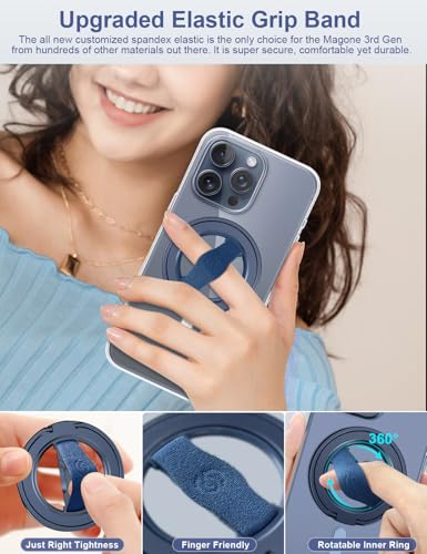 Image of EWA MagOne 3rd Gen [Compatible with MagSafe] Phone Grip Stand with Finger Strap, Removable Magnetic Ring Holder Kickstand Loop for iPhone 17,16,15,14,13,12 Series-(Blue)