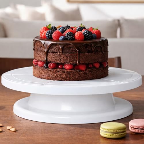 Image of LUXART 11 Inch Rotating Cake Turntable for Cake Decorating | Smooth 360 Revolving Cake Stand with Non-Slip Base | Food Grade BPA-Free Plastic | White Colour | Baking & Dessert Display