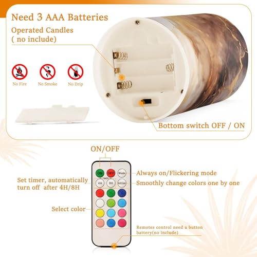 Image of Flickering Flameless Candles, Brown White Marble LED Candles with Remote Timer, Set of 2 Battery Operated Candle for Valentine Wedding Birthday