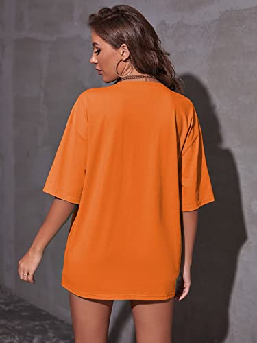 Verdusa Women's Loose Drop Shoulder Tree Miami Letter Graphic Oversized Longline Tee Shirt Tops Orange S #TOP1