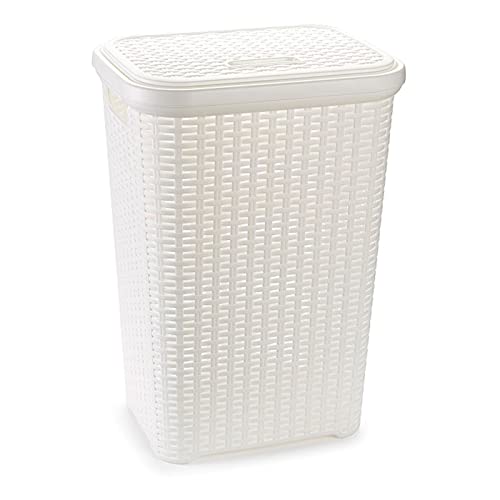 AC - Cesto para ropa sucia con tapa y asas - Estilo Rattan - Fabricado en españa - Cubo pongotodo para colada - Diseño imitación mimbre - Capacidad 60 Litros - 61,5 x 42,5 x 34 cm - Color Blanco