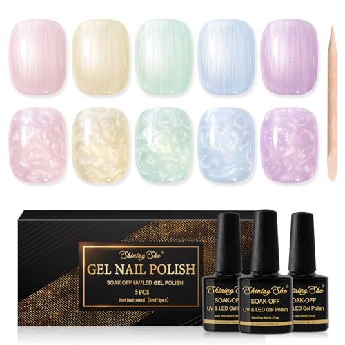 Shining She UV Nagellack Pearl Effect, 5 Farben Frühling Sommer Pastell Gel Nagellack UV, Rosa Lila Blau Grün Gelb Shimmer Mermaid nagellack Aurora Iridescent Muschel Wirbel Effek DIY, 8ML