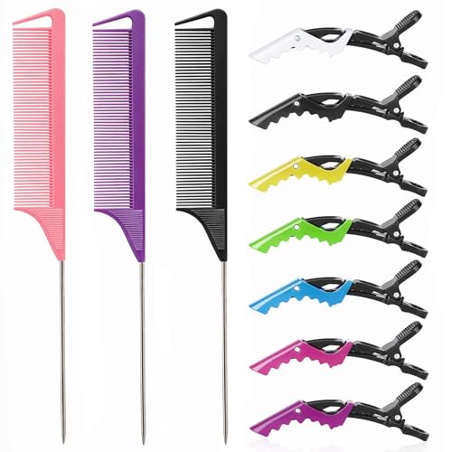 Rat Tail and Parting Combs with Styling Clips: 3 Metal Teasing Combs for Braids, 7 Professional Sectioning Hair Clips