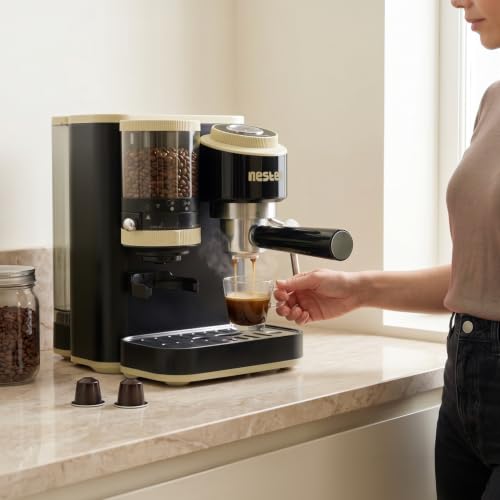 Image of NESTER Home Barista Coffee Machine - 20 Bar Italian Ulka Pressure Pump, Built-in Grinder, BrewCore Technology, PID Temperature Control, Espresso, Americano, Steam & Pod Compatible - Smoked Caramel