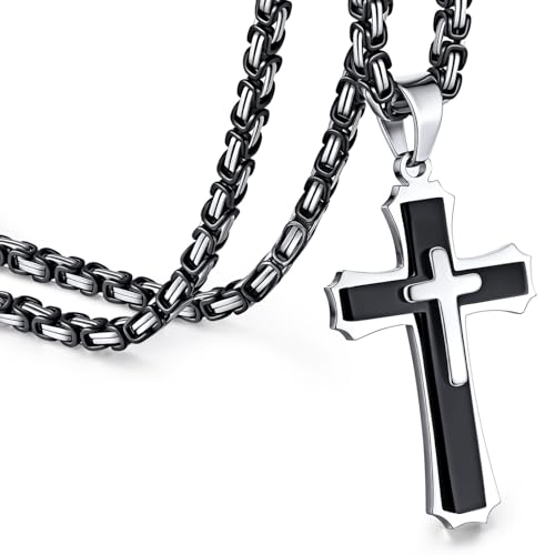 Byzantine Cross Necklace for Men, Black Silver Stainless Steel Cross Chain Pendant Necklace Masculine Chunky Sturdy Mens Christian Jewelry Gift 22/24 Inch