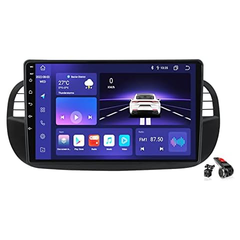 Android 12.0 Radio Double Din Car Stereo Sat Nav for Fiat 500 2007-2014 GPS Navigation 9'' Headunit MP5 Multimedia Video Player FM BT Receiver with 4G 5G WiFi DSP DVR Carplay,Black,M100S Cover