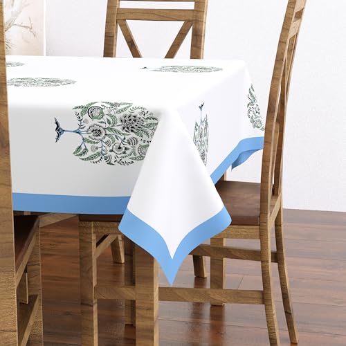 Image of BLOCKS OF INDIA Hand Block /Batik Print Rectangular Table Cloth for 6 Seater Dining Table (60 Inch X 90 Inch)(Blue Tree of Life)