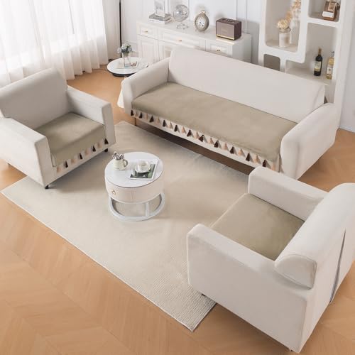 Image of HOKIPO Premium Holland Velvet Sofa Cover 5 Seater Set - Washable 3+1+1 Sofa Cover Mat with Tassel | 'TasselTone Series' | Sand Beige (IN-1108+1104-BGE*2)