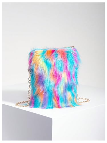 OYOANGLE Women's Faux Fur Color Block Chain Shoulder Bag Furry Zipper Small Handbags Trendy Crossbody Bags2