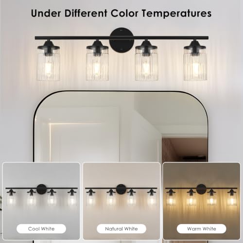 Image of Jonsi Black Bathroom Light Fixtures 4-Light Vanity Lights Modern Wall Sconce with Clear Glass Shade Bathroom Light Fixture Over Mirror for Bedroom Hallway Kitchen