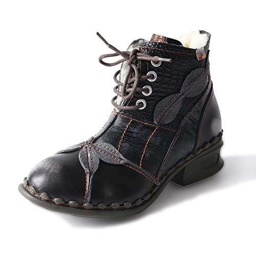 TMA EYES Textured Leather Patchwork Washed Leather Lace-Up Women's Ankle boots